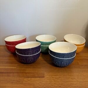 Trudeau Set Of 10 Ceramic Bowls Geometric Pattern Red Teal Blue Purple Orange